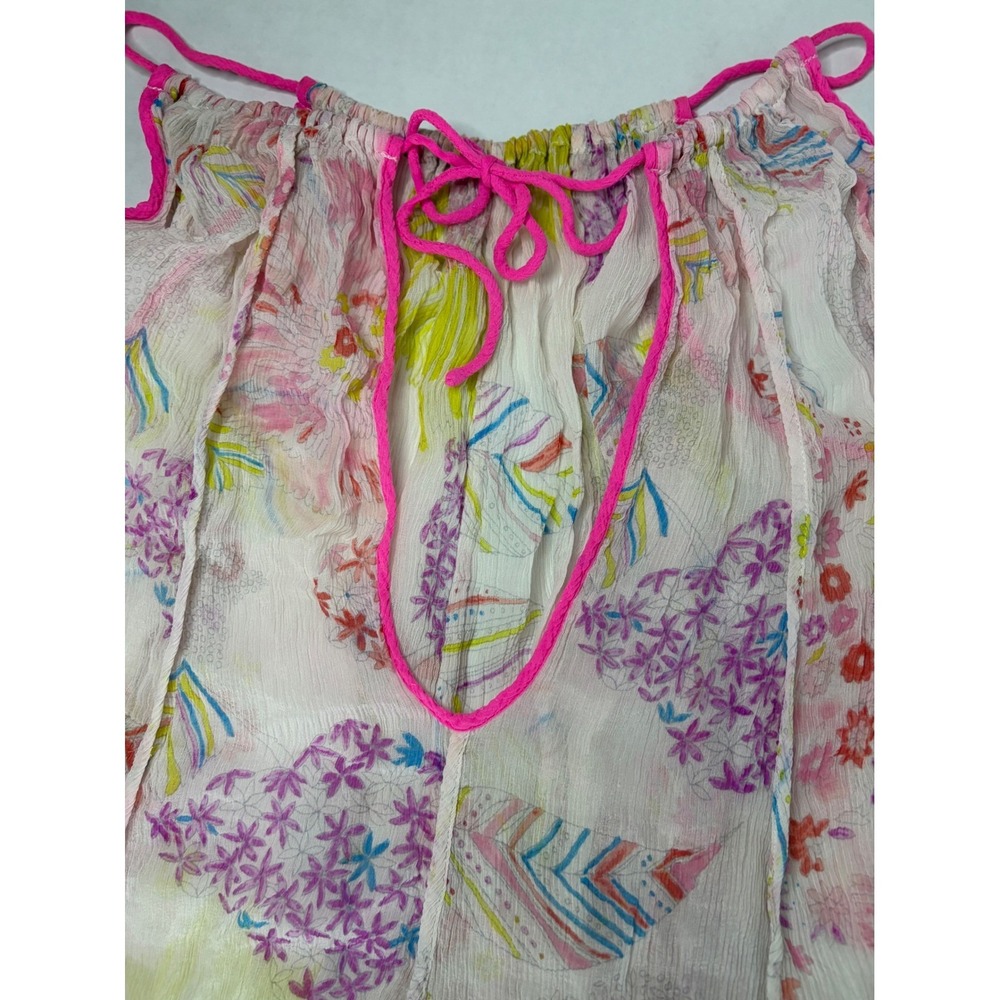 100% Silk Floral Camisole Tank Top Pink Piping Keyhole Tie Sheer Multi Color - Picture 9 of 11